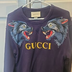 Gucci Navy Blue Sweatshirt with Embroidered Wolf Heads and Yellow Logo